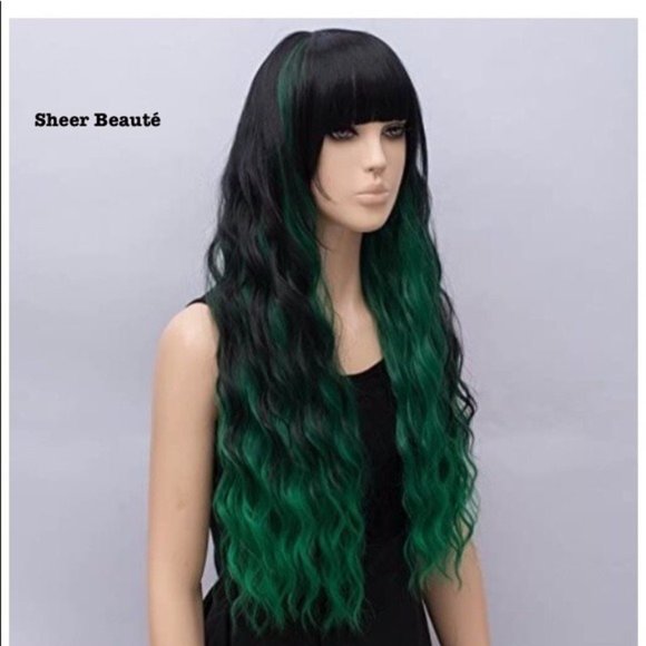 Gren and Black Wig With Bangs - Picture 1 of 6